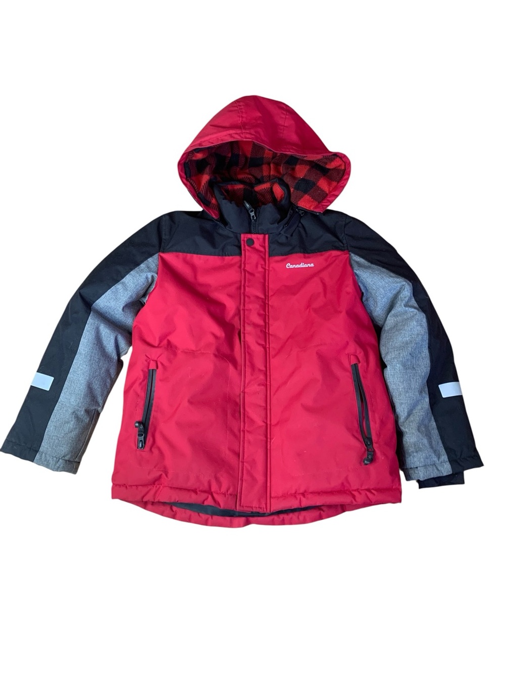 Canadiana Kids Winter Parka Red Black Buffalo Plaid Hooded L (10-12) 